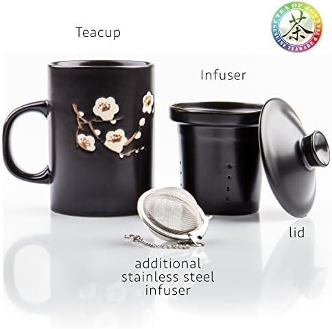 Contemporary Handcrafted Cherry Blossoms Ceramic Mug with loose leaf tea infuser - Matching Ceramic Infuser and Lid and Extra Stainless Steel Infuser Ball, coffee mug, cup, organic green tea maker