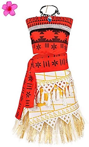 Litcuter Girls Princess Moana Costume For Christmas With Necklace and Plumeria Flower For Girls 2-10Y(Red, 3T-4T)