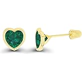 Solid 14K Gold Hypoallergenic 6mm Heart Shaped Birthstone Polished Bezel Screw Back Stud Earrings