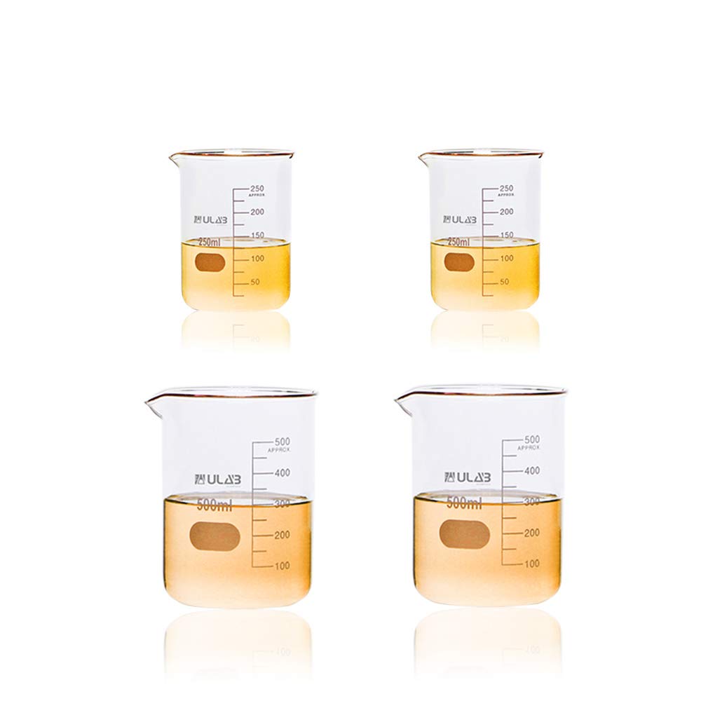 ULAB Scientific Glass Beaker 8.5 oz 17 oz, 2 Sizes 250ml 500ml, 2pcs for Each Size, 3.3 Borosilicate Griffin Low Form with Printed Graduation, UBG1012
