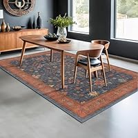 Hazo Haus 6x9 Dining Room Rugs for Under Table - Washable Area Rug for Living Room, Low Pile Non-Slip Rugs for Bedroom - Navy Blue & Terracotta Vintage Boho Eclectic Home Decor
