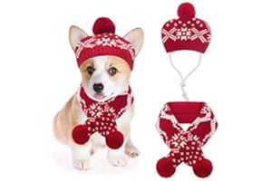Mihachi Dog Costumes Hat Scarf Set Knit Snowflake Reindeer Print 2 Pcs Winter Warm Clothes for Small Dogs Cats Red White