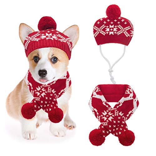 Mihachi Christmas Dog Costumes Hat Scarf Set Knit Snowflake Reindeer Print 2Pcs Winter Warm Clothes for Small Dogs Cats Red White Medium
