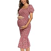 Summer Floral Midi Bodycon Maternity Dresses, Short Puff Sleeve Square Neck Ruffle Hem Mermaid Baby Shower Dress
