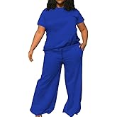 TOPSRANI Womens Plus Size Casual Sweatsuits Lounge Short Sleeve Tracksuit 2 Piece Outfits Baggy Wide Leg Long Pants Sets