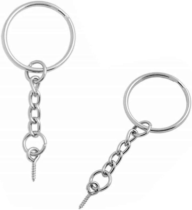 AISIBO Split Key Rings Stainless with Extend Chain Parts Bulk Metal DIY Crafts Keychain Rings with Chain and Screw Eye Pins With 25mm Open Jump Ring and Connector (100 Pack）