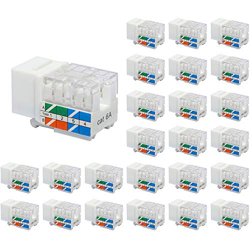 VCE RJ45 Cat6A Keystone Jack UL Listed 25-Pack, 10 Gbps Slim Profile Modular Ethernet Jacks Insert 110-Type UTP 90-Degree, White