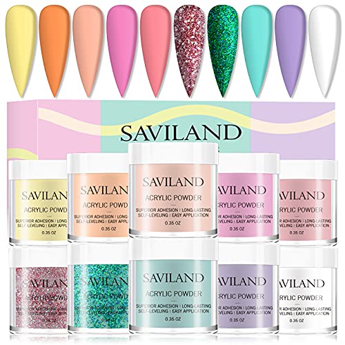 Saviland Acrylic Nail Powder Set - 10 Colors Macaron Series Professional Polymer for Nail Extension, No Nail Lamp Needed