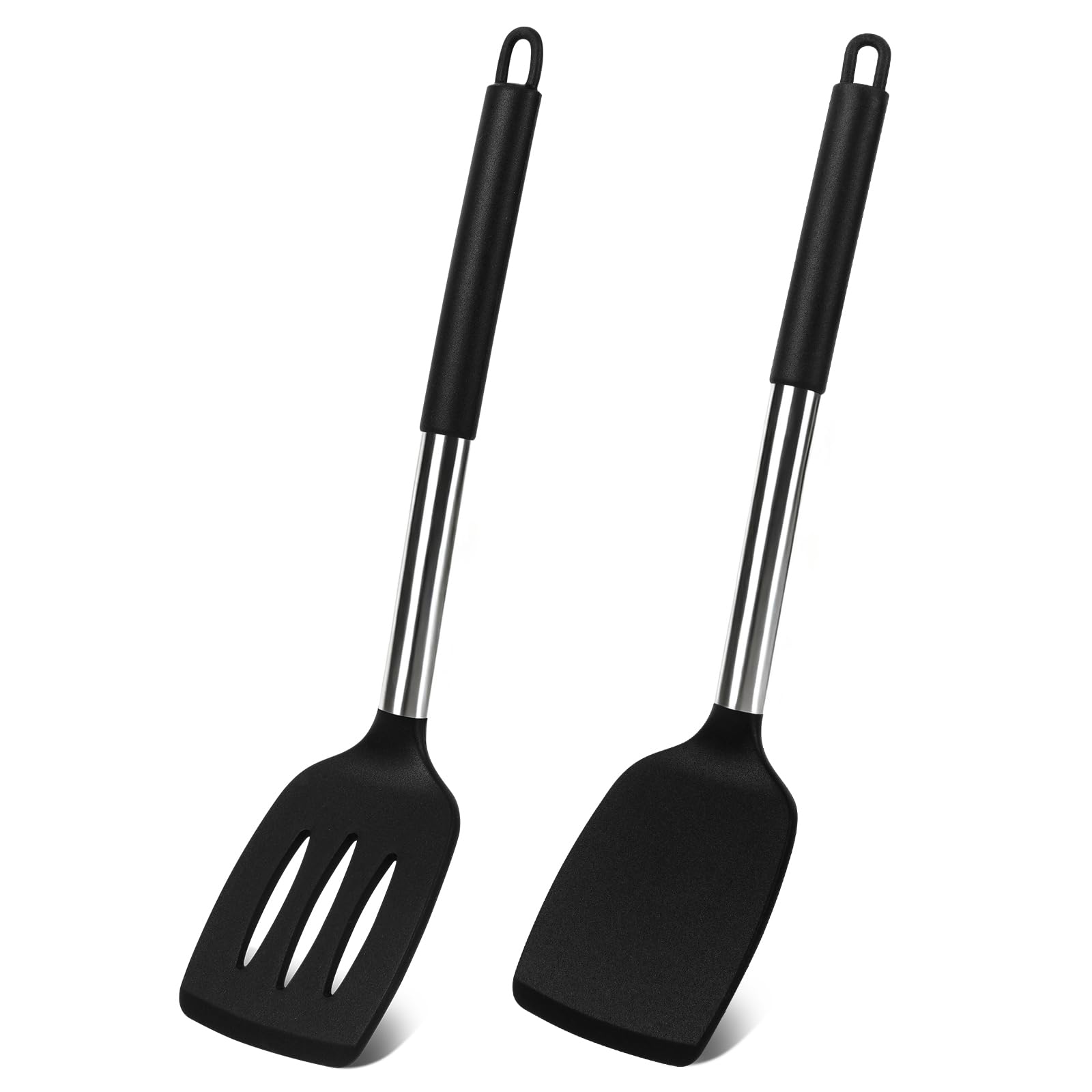 Vicloon Silicone Spatula, 2 Pcs Silicone Solid Turner, Non Stick Slotted Spatula Set, High Heat Resistant BPA Free Cooking Utensils, Black Silicone Spatula for Fish, Egg, Pancake - Silicone