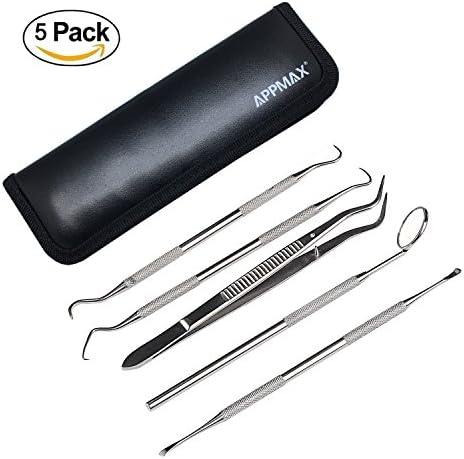 Dental Hygiene Kit - Appmax® Calculus &amp; Plaque Remover Set - Stainless Steel Tarter Scraper, Tooth Pick, Dental Scaler And Mouth Mirror.Dentist Home Use Tools (Leather Pack)