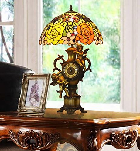 Makenier Vintage Tiffany Style Stained Glass Rose Flower Table Lamp with Angels Clock Base, 14 Inches Lampshade