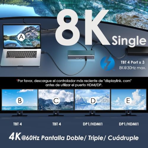 WAVLINK Thunderbolt 4 Docking Station 15-in-1, 96W PD, Single 8K/Quad 4K Display Docking Station with 2 DP/2 HDMI, 4 Thunderbolt 4 Ports, 4 x USB A, 2.5 GbE, SD, Audio/Mic, Compatible with MacBook Pro