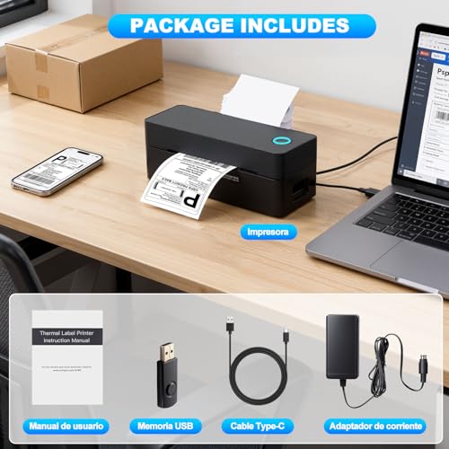 OFICHIDO Impresora Térmica de Etiquetas Bluetooth, 4x6 Impresión de Etiquetas de Envío Nalambrica, Control Inteligente de Temperatura, con Memoria USB, Compatible con Casi Todas Las Plataformas