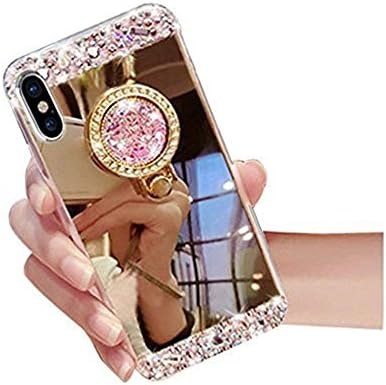 Inspirationc iPhone 7 Case, Crystal Rhinestone Mirror Glass Case Bling Diamond Soft Rubber Makeup Case for iPhone 7 4.7 Inch with Detachable 360 Degree Ring Stand-Gold