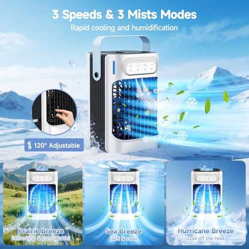 XTTANK 800ml Mobile Air Conditioner, 4 in 1 120° Oscillation Air Cooler, Portable Air Cooler with 7 Colors Night Light, 3 Speed, 2-8H Timer, Mini Air Conditioner for Home/Office