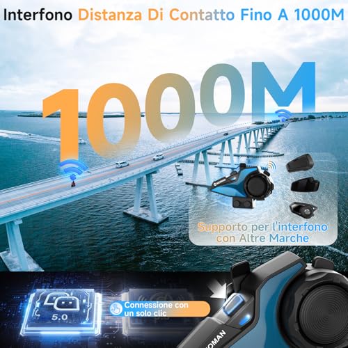 Moman Motorcycle Intercom, H2E Eagle Pair Helmet Headset with Double Chip for Multitasking Audio Headphones for Helmets Distance 1 Km Communication System HiFi/Music Sharing/FM/Voice AI Interphone
