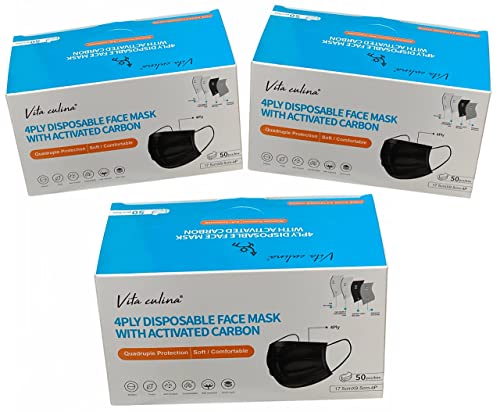 4ply Black Disposable Face Mask- Black Face Mask with Activated Carbon Disposable Face Masks Black Masks Breathable Masks for Women, Men and Kids and Office Supplies (4ply) (Black 50pcs)