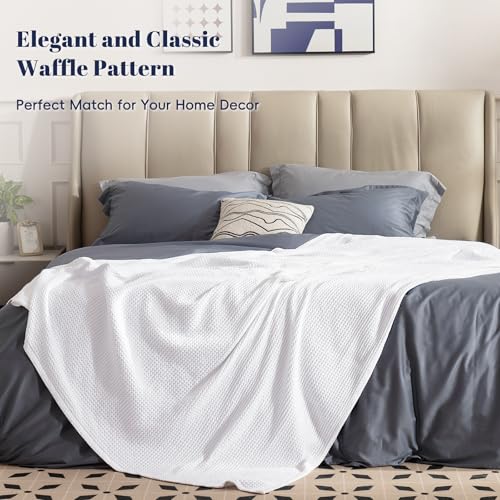 PHF 100% Cotton Waffle Weave Blanket Double Size 150 x 200cm, Pre-Washed Lightweight Breathable Throw Blanket, Oeko-TEX Certified for Bed Sofa, Home Decor, White