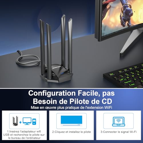 NEWFAST AC1300Mbps WiFi Stick for PC U329, Powerful Dual Band 5G/2.4G WiFi Stick USB 3.0, MU-MIMO, USB Wi-FI Adapter with 4 6dBi Antenna, Compatible with Windows XP/7/8/8.1/10/11