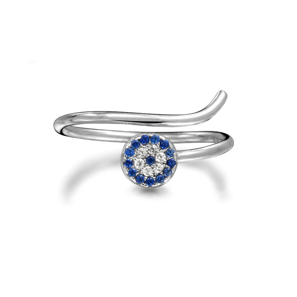 Sterling Silver 925 Simulated Blue Sapphire & CZ Evil Eye Ring – Sizes J To S