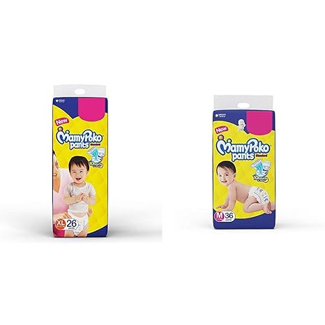 MamyPoko Pants Standard Diapers, Extra Large (Pack of 26) & MamyPoko Pants Standard Diapers, Medium (Pack of 36)