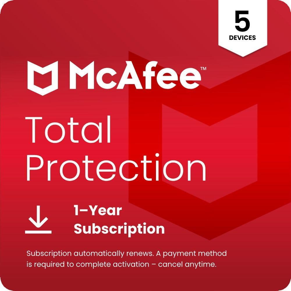 McAfee Total Protection 5-Device | AntiVirus Software 2026 for Windows PC & Mac, AI Scam Detection, VPN, Password Manager, Identity Monitoring | 1-Year Subscription with Auto-Renewal | Download
