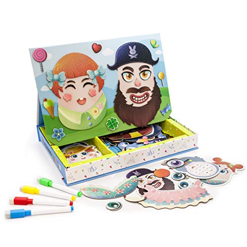 PicassoTiles Magnetic Puzzle Drawing Board 102 PC Dress Up Puzzle Game with 10 Free Inspirational Idea Cards, 88 Holographic Designs, 4 Markers Set, Educational Activity Book STEAM Learning Kit
