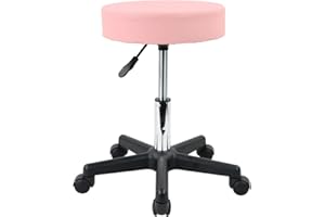 KKTONER Round Rolling Stool PU Leather Height Adjustable Swivel Drafting Work SPA Salon Stools Chair with Wheels (Pink)