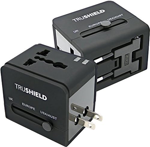 TruShield Universal WorldWide International All-in-One Travel Adapter Adaptor Wall Power Plug Charger, Dual USB Port, For USA UK EU AUS, With Black Stylish Pouch - Set of Two