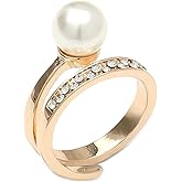 Rhinestone Shell Pearl Statement Ring for Women Gold-Toned Pearls Crystal Band Promise Rings Comfort Fit Elegant Wedding Engagement Promise Birthday Christmas Jewelry for BFF
