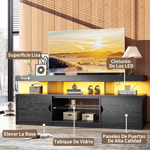 Simple Wisdom Mueble para TV de 75 Pulgadas, Moderno Mueble para TV con tomacorriente, Centro de Interior de Alto Brillo con Almacenamiento y Luces LED, Negro