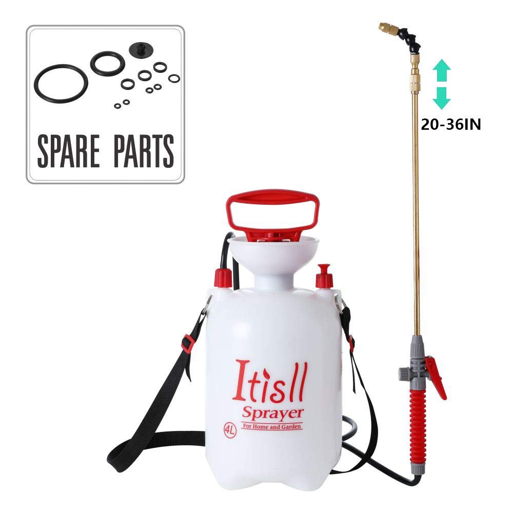 ITISLL Garden Pump Sprayer Portable Yard & Lawn Sprayer with Brass Extendable Wand and Shoulder Strap for Weeds Plants (1 Gallon, White/Red)