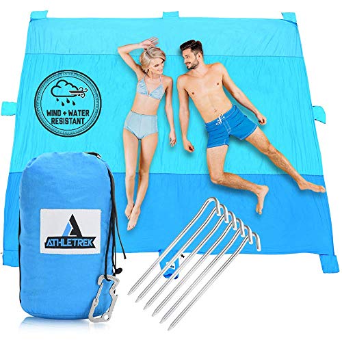 Extra Large Beach Blanket by Athletrek | Durable Sand Proof Water Resistant Beach Mat | Lightweight Quickdry 210T Ripstop Nylon | 10′ x 9′ Outdoor Blanket for Picnics Travel Sports Camping