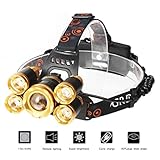 Super Bright Led Headlamp,8000 LM 5 LED Super Bright Headlight ，Waterproof Hard Hat Light， IMPROVED LED Rechargeable Zoomable Head torch Headlight for Outdoor Camping Hunting Fishing Cycling