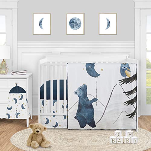 sweet jojo designs woodland bear and owl baby boy girl nursery crib juego de cama - 4 piezas - azul marino, gris, dorado y negro celestial moon star acuarela bosque