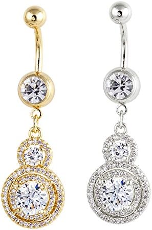 Dangling Multi-circle w/ Big CZ Center Yellow Gold Anodized Surgical Steel Belly Ring - Yellow&amp;White