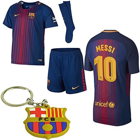 Barcelona 2017 2018 17 18 L. Messi Home Kid Jersey Kit : Shirt, Short, Socks, + PVC Key 3 to 13 Years Old (Size 28 (11 -12 Yrs Old))