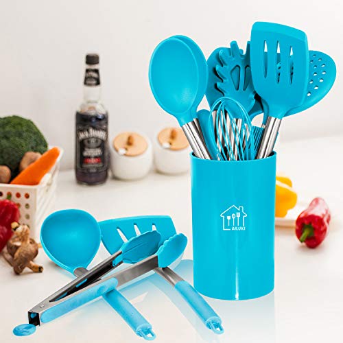 Silicone Cooking Utensil Set, AILUKI Kitchen Utensils 14 Pcs Cooking Utensils Set,Non-stick Heat Resistant Silicone,Cookware with Stainless Steel Handle - Blue - Thumbnail 7