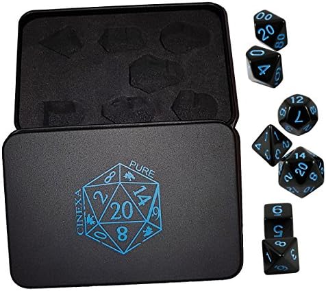 Polyhedral Metal Dice 7 Piece Set, Black and Bright Blue Numbers, For Dungeons and Dragons, MTG, Pathfinder and other role playing games, In A Collectible Tin, By Cinexa Pure