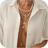 Layered Pearl Cross Necklace For Women Retro Stacking Beaded Cross Long Y-Shaped Pendant Necklace Fashion Wedding Bridal Party Jewelry For Women