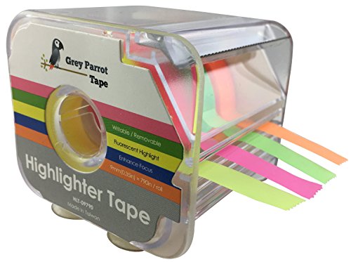 GreyParrot Tape Fluorescent Neon Highlighter Tape Removable, (4 Colors Pack), 0.35in(9mm) x 790in Per Roll, Office/Craft Tape/Yellow, Orange, Green, Pink