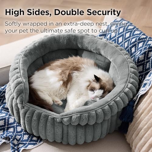 BEDSURE Fluffy Cat Bed for Indoor Cats - 58 x 58 cm Small Round Cat Bed, Washable Large Cat Bed for Kittens and Puppies with Non-Slip Base and Removable Cushion, Grey