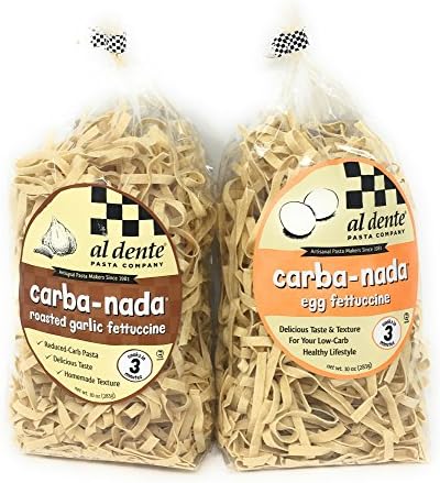 Al Dente Carba-nada Reduced Carb Fettuccine Pasta Bundle of Two 10 Ounces Bags: One Egg and One Garlic Roasted Fettuccine