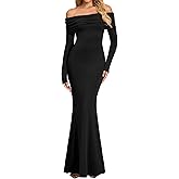 URYIAO Women Off The Shoulder Long Sleeve Maxi Dress Ruched Bodycon Winter Formal Wedding Guest Dresses