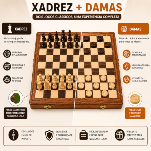 Jogo de Xadrez e Damas 29cm Magnético em Madeira Dobrável [VALUANCE] | Luxo, Profissional
