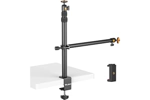 jusmo Camera Desk Mount with Auxiliary Holding Arm, Overhead Camera Mount with 360° Ballhead and Phone Grip, Table C-Clamp Multi Mount Stand for DSLR, Phone, Light, Webcam and More