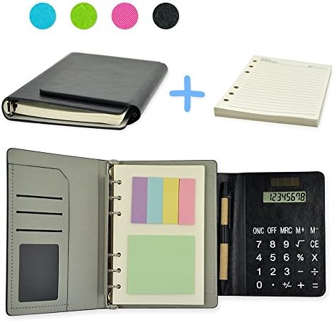 2017 PU Leather 6 Ring Executive Personal Organisers Business Multi-function Ruled Notebook With Solar Power Calculators and Card Slot 7"(7 1/4"x5 1/2"x1 1/4") + EXTRA 1 set Refills