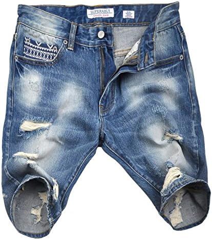 Yimaida Men Summer Distressed Slim Straight Leg Blue Ripped Denim Shorts Jeans, W33