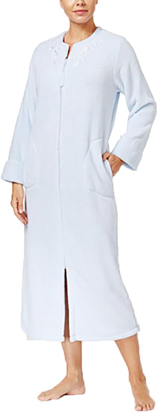 Miss Elaine Womens Fleece Embroidered Long Robe Blue M at Amazon Women