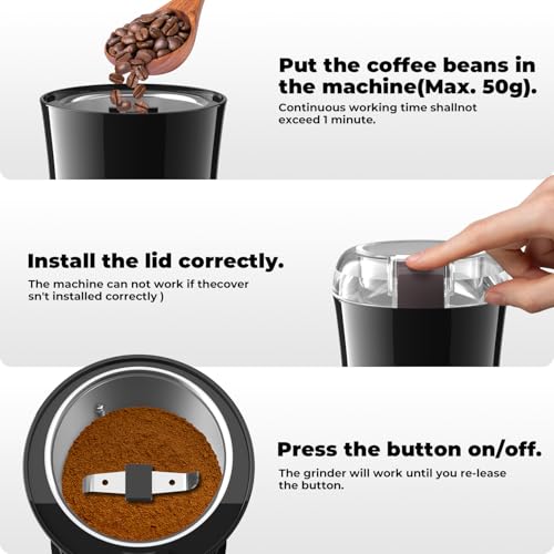 KYG Electric Coffee Grinder for Espresso Beans, Nuts and Grains, Powerful Compact Coffee Grinder One-Touch Operation and Stainless Steel Blades 200w Black